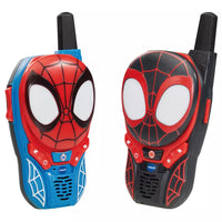 one blue and one black spider man walkie talkie on a white background 