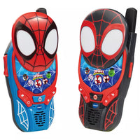 one blue and one black spider man walkie talkie on a white background 