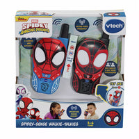 one blue and one black spiderman walkie talkie in packaging on white background 