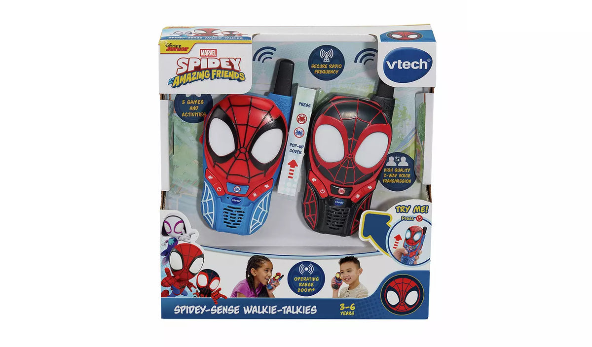 one blue and one black spiderman walkie talkie in packaging on white background 
