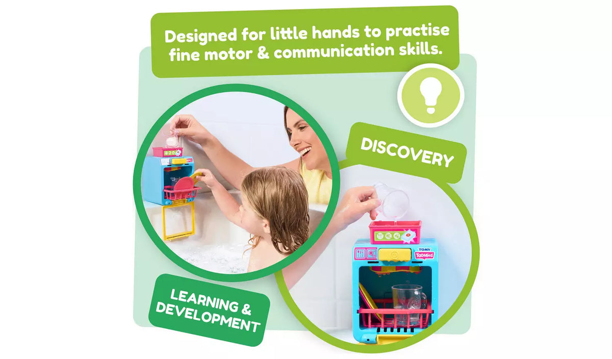 snapshots of hand playing with bath dishwasher 