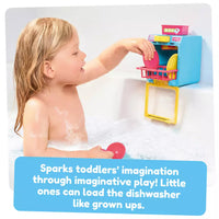 young child placing pretend plates in bath dishwasher 