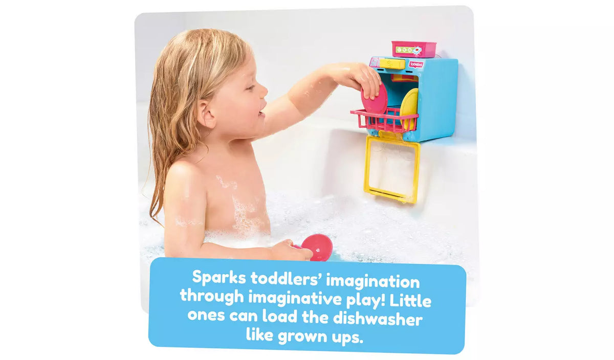 young child placing pretend plates in bath dishwasher 