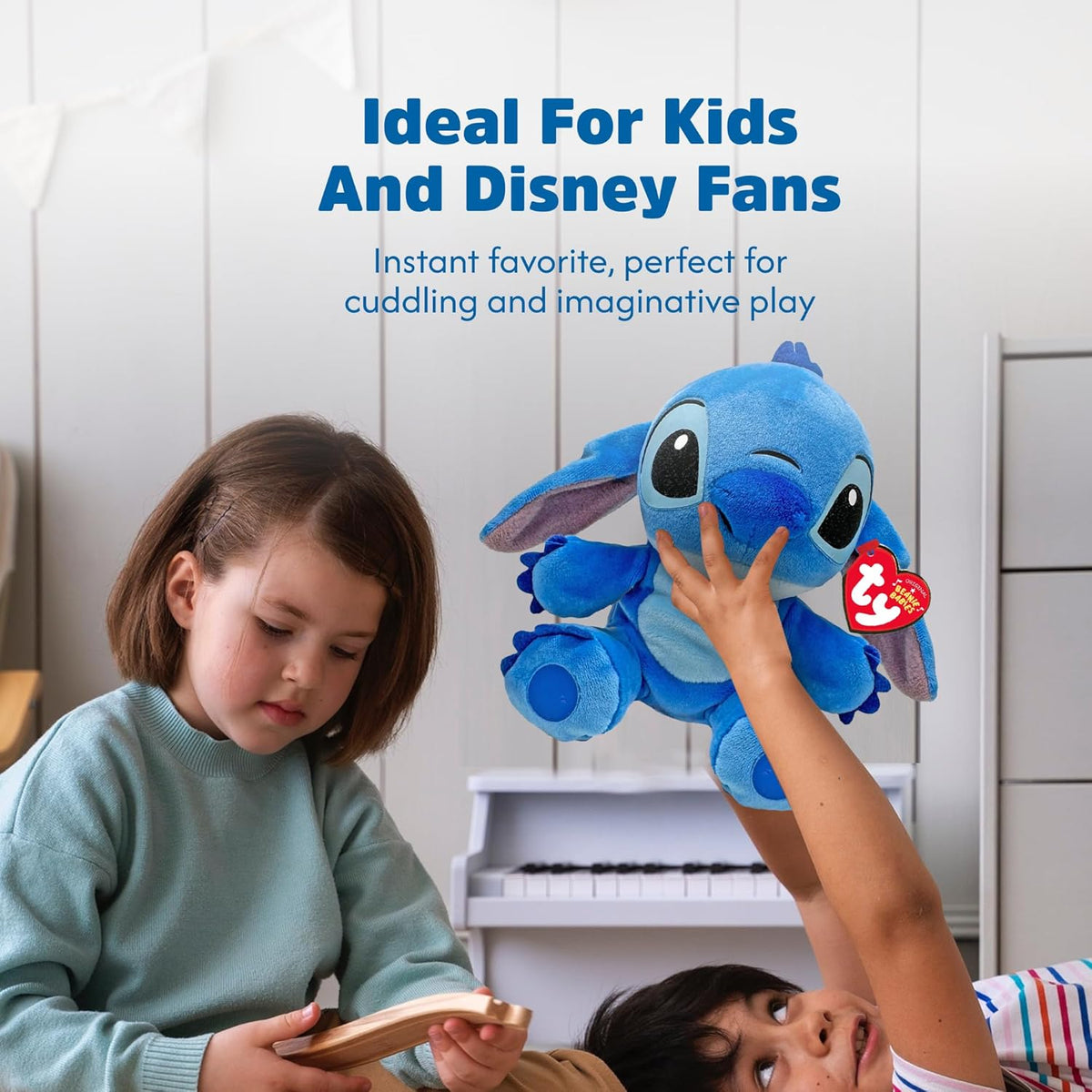 two kids playing with stitch plush 