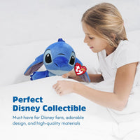 girl playing disney stitch plush 