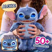 young girl holding blue stitch character with two hands with text describing its features 