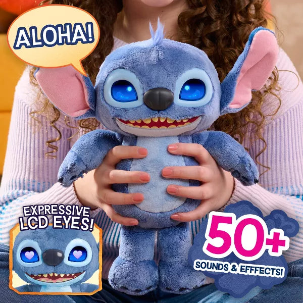 young girl holding blue stitch character with two hands with text describing its features 