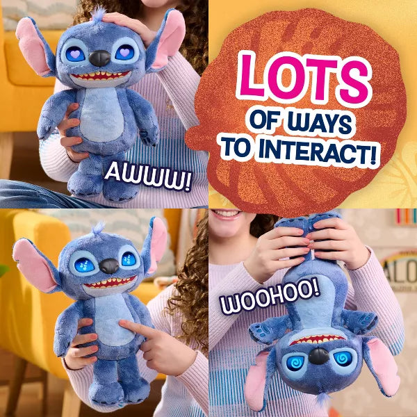 picture in four segments displaying the different ways to interact with blue plush stitch doll