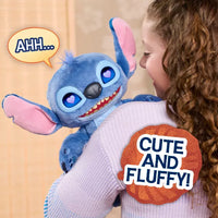 young girl holding light blue plush stitch character over her shoulder with text saying "ahh" and " cute and fluffy" 