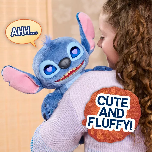 young girl holding light blue plush stitch character over her shoulder with text saying "ahh" and " cute and fluffy" 