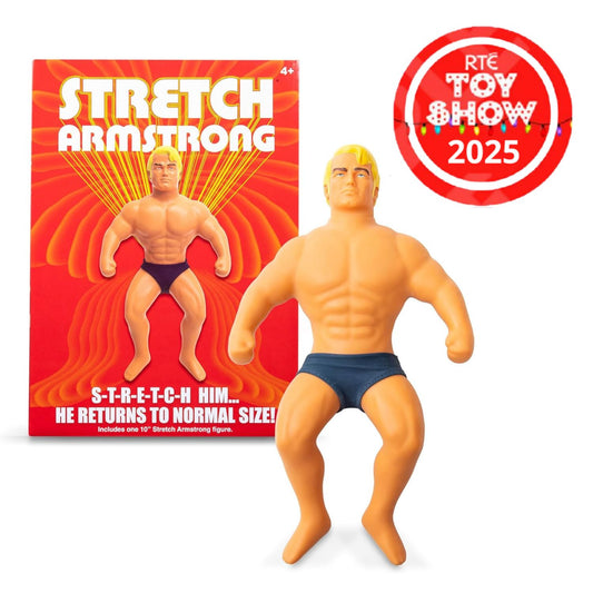 Stretch Armstrong toy figure with packaging and RTE Toy Show 2025 logo.