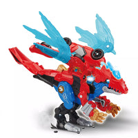 Red dinosaur with light blue wings on white background 
