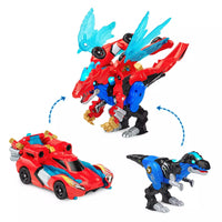 red car, red dinosaur and blue dinosaur on white background 