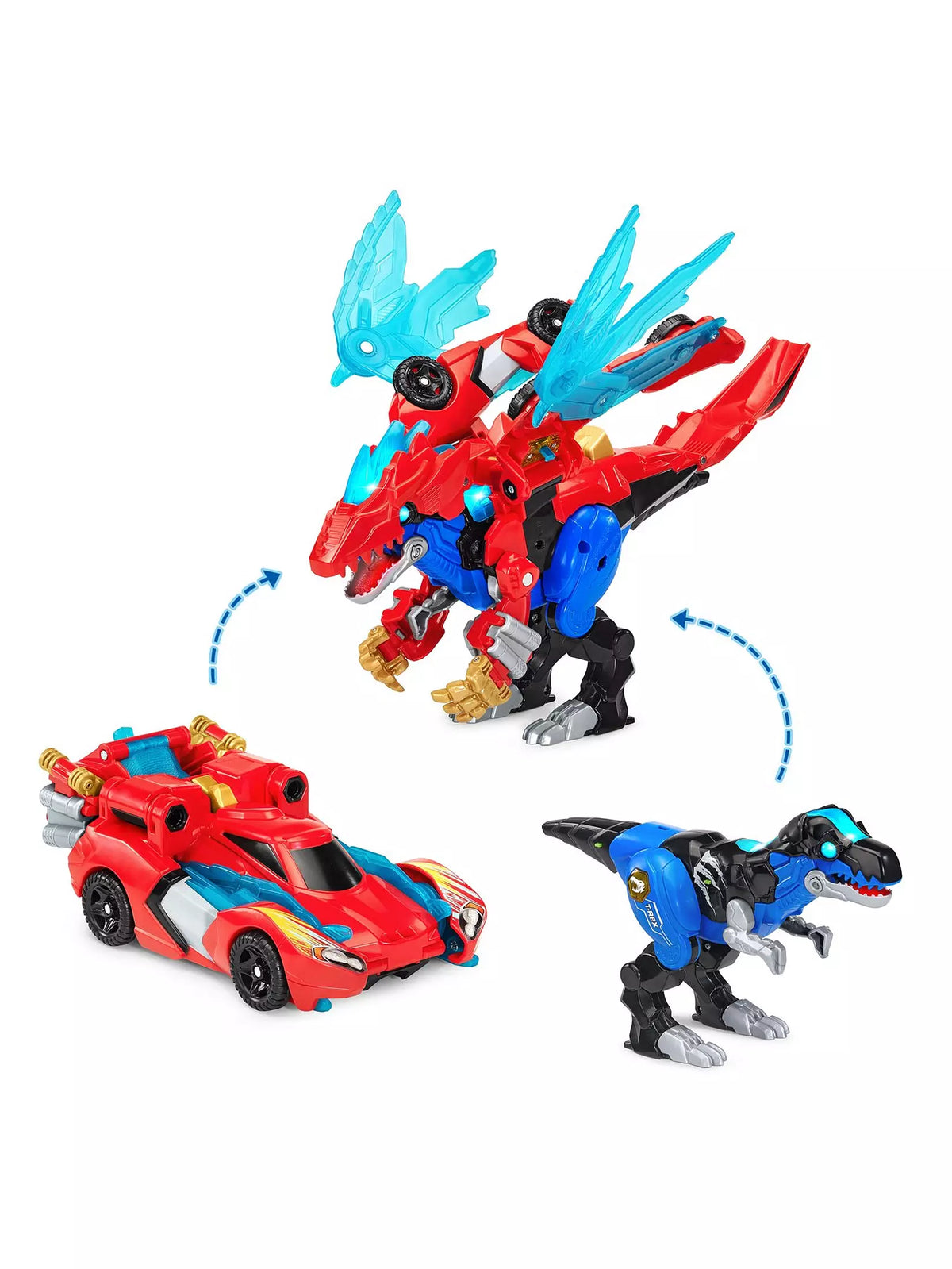 red car, red dinosaur and blue dinosaur on white background 