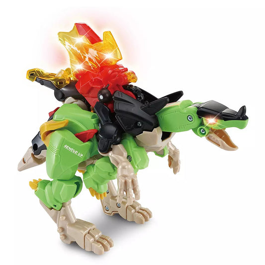 green and red plastic dinosaur on white background 