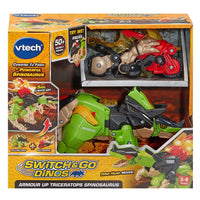 green triceratops dinosaur and red motorbike in packaging on white background