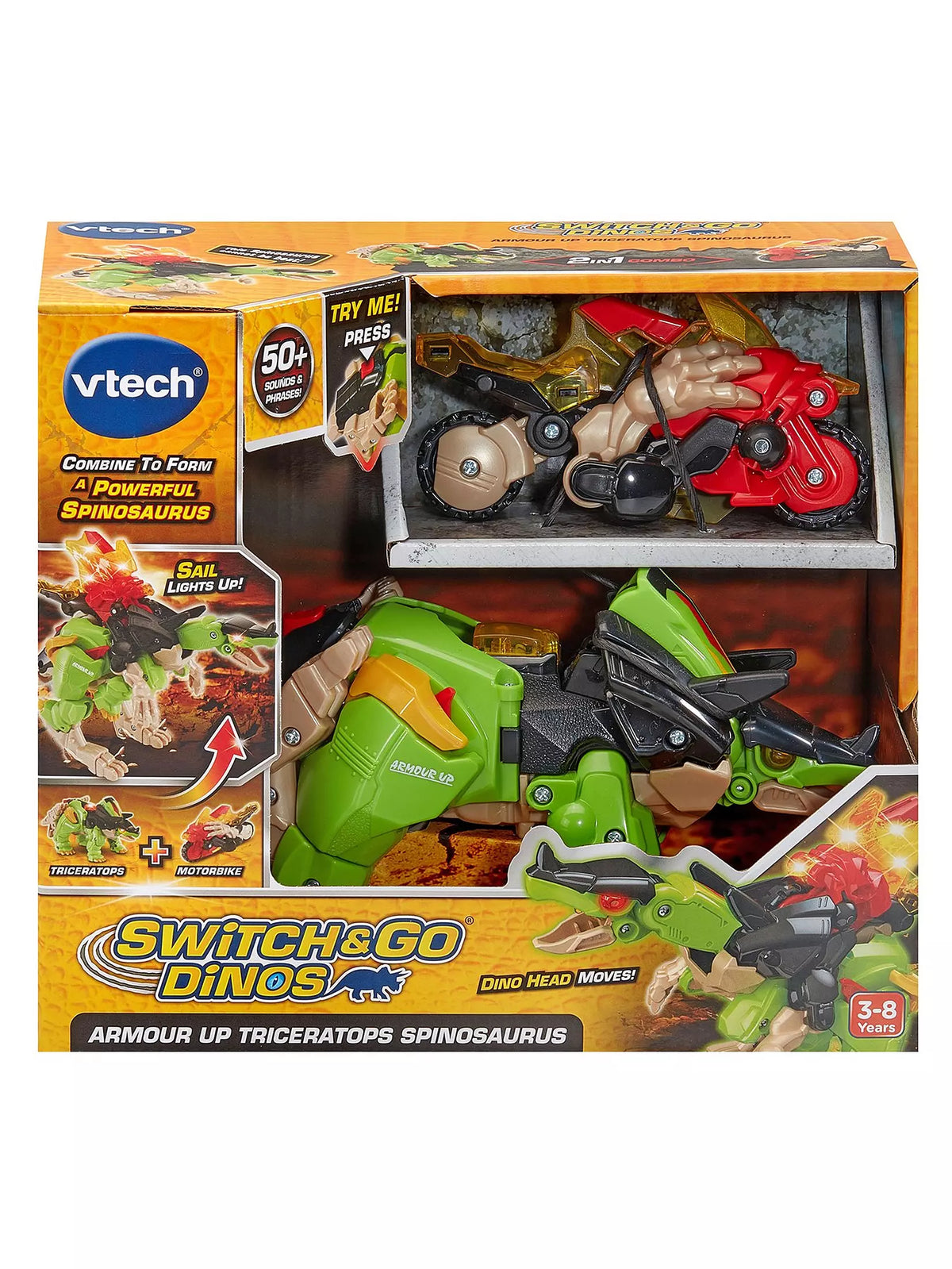 green triceratops dinosaur and red motorbike in packaging on white background