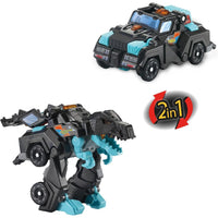 black and blue plastic dinosaur and black and blue plastic car on white background with text saying 2in1 