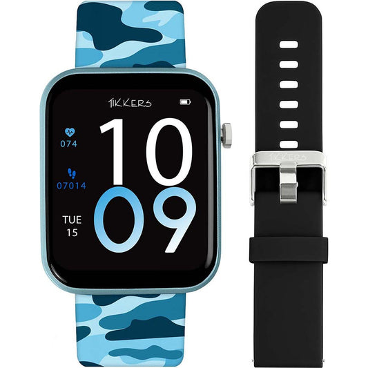 camo and black interchangable strap smart watch displayed from the front 