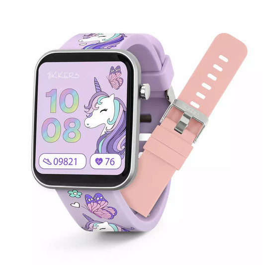purple watch with unicorn on screen with pink strap 