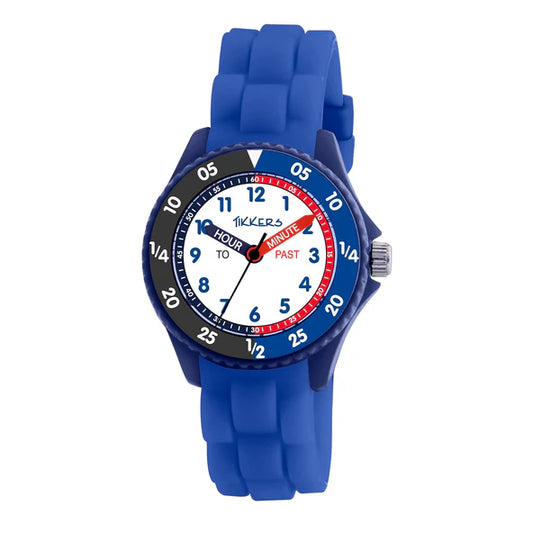 blue and black time tikkers watch with silicone strap 