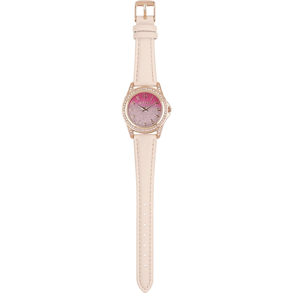 pink strap watch laid flat 