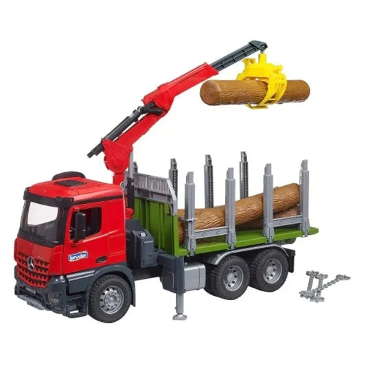 red truck holding a log in the air 
