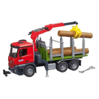 red truck from the side carrying a log 