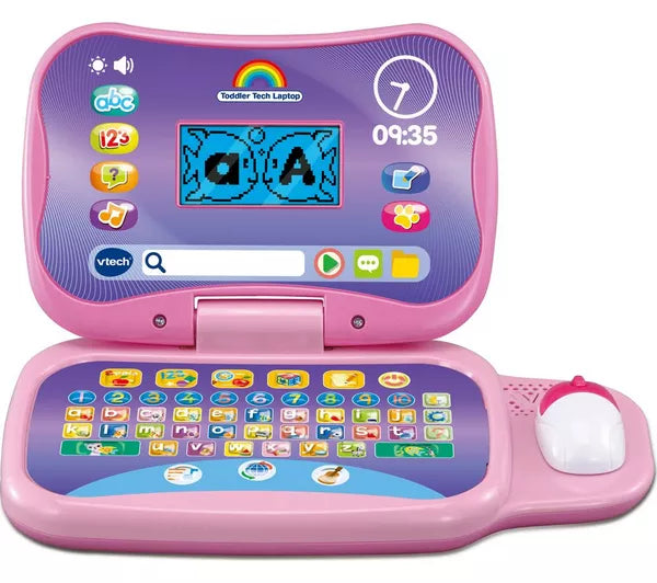 pink and purple toy laptop on white background 