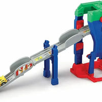 colourful plastic raceway set on white surface 