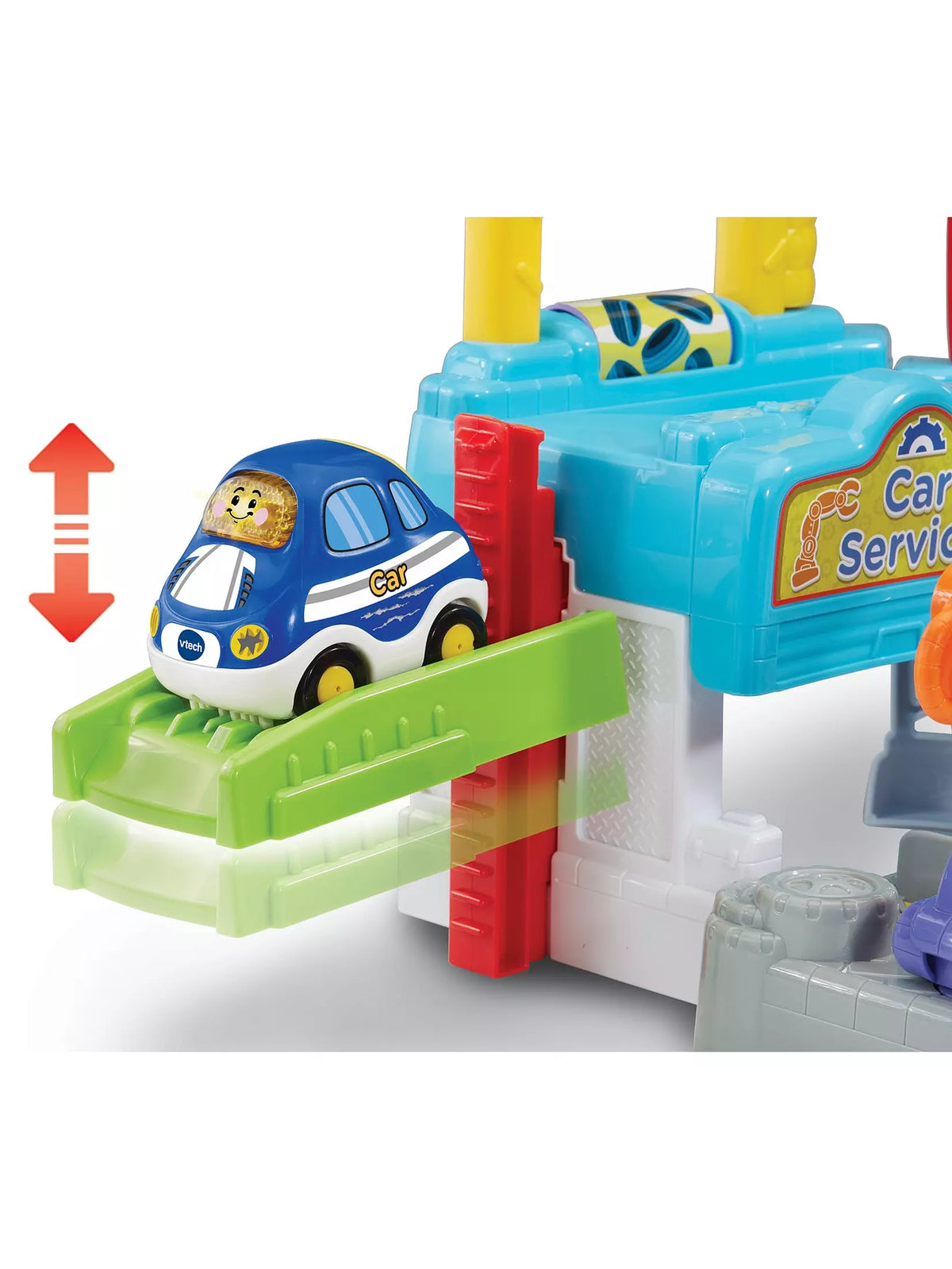 car in colourful toy driver repair site on white background 