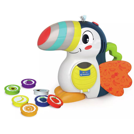 electronic toucan toy displayed with assorted fruit coins 