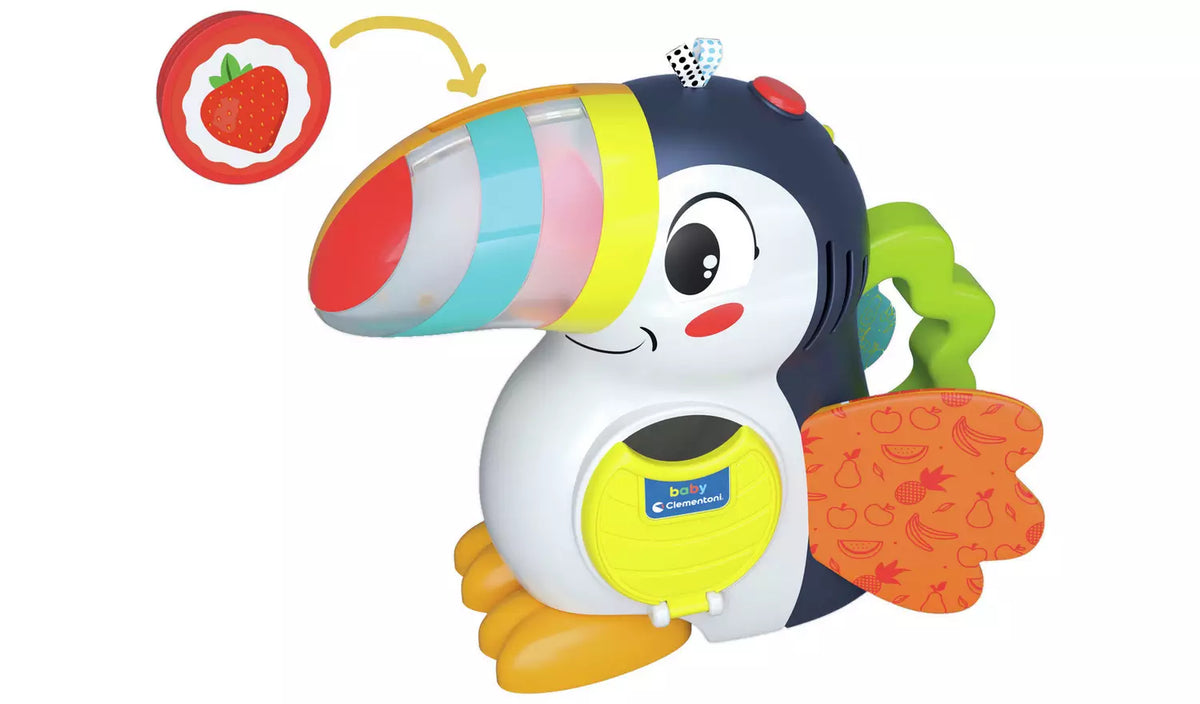 strawberry coin and electronic toucan toy 