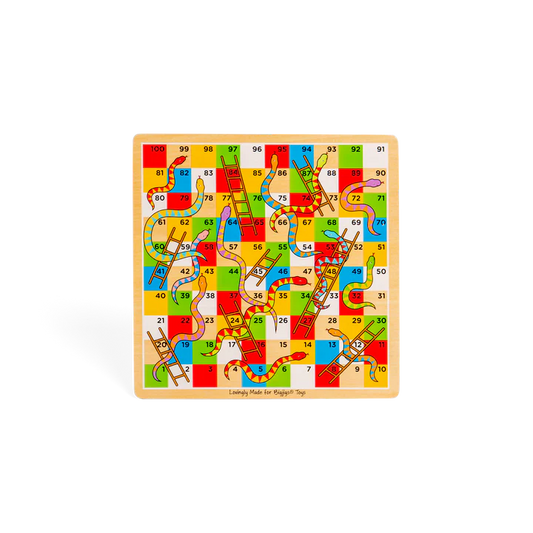 colourful wooden snakes and ladders board 