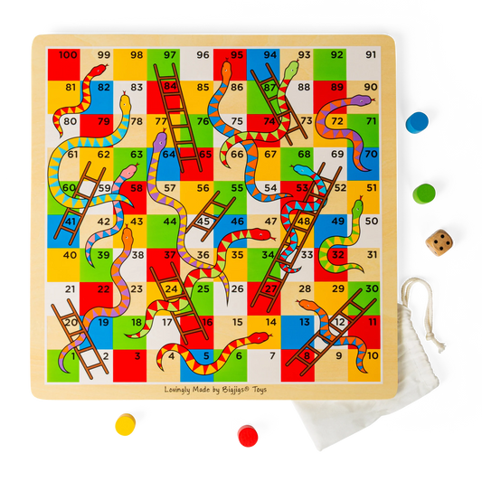 colourful wooden snakes and ladders board including pieces and white pouch for pieces 