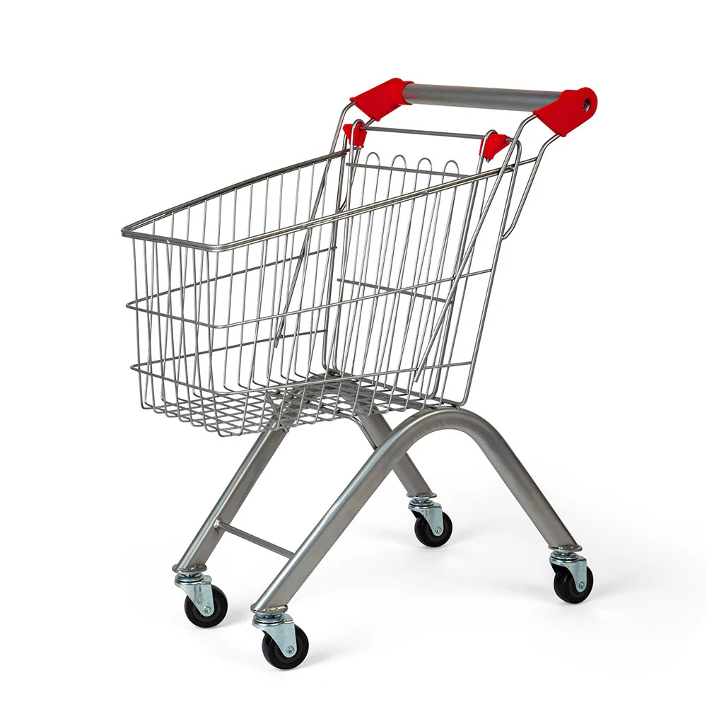mini metal shopping trolley with bright red handle on white background 