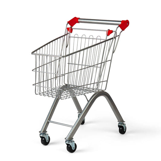mini metal shopping trolley with bright red handle on white background 