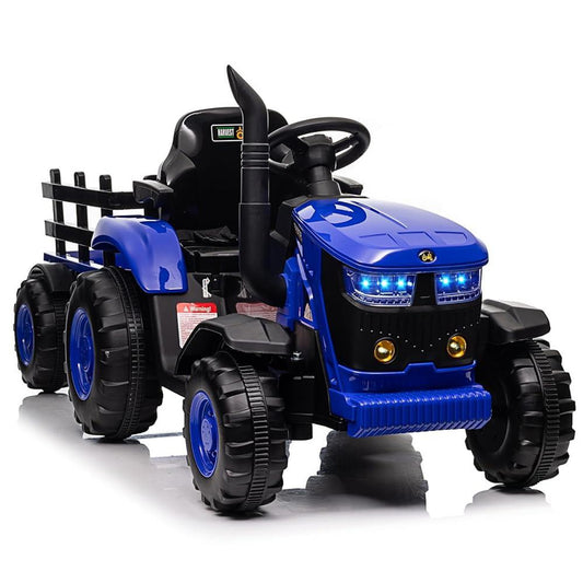 blue electric ride-on children's tractor with trailer on white background