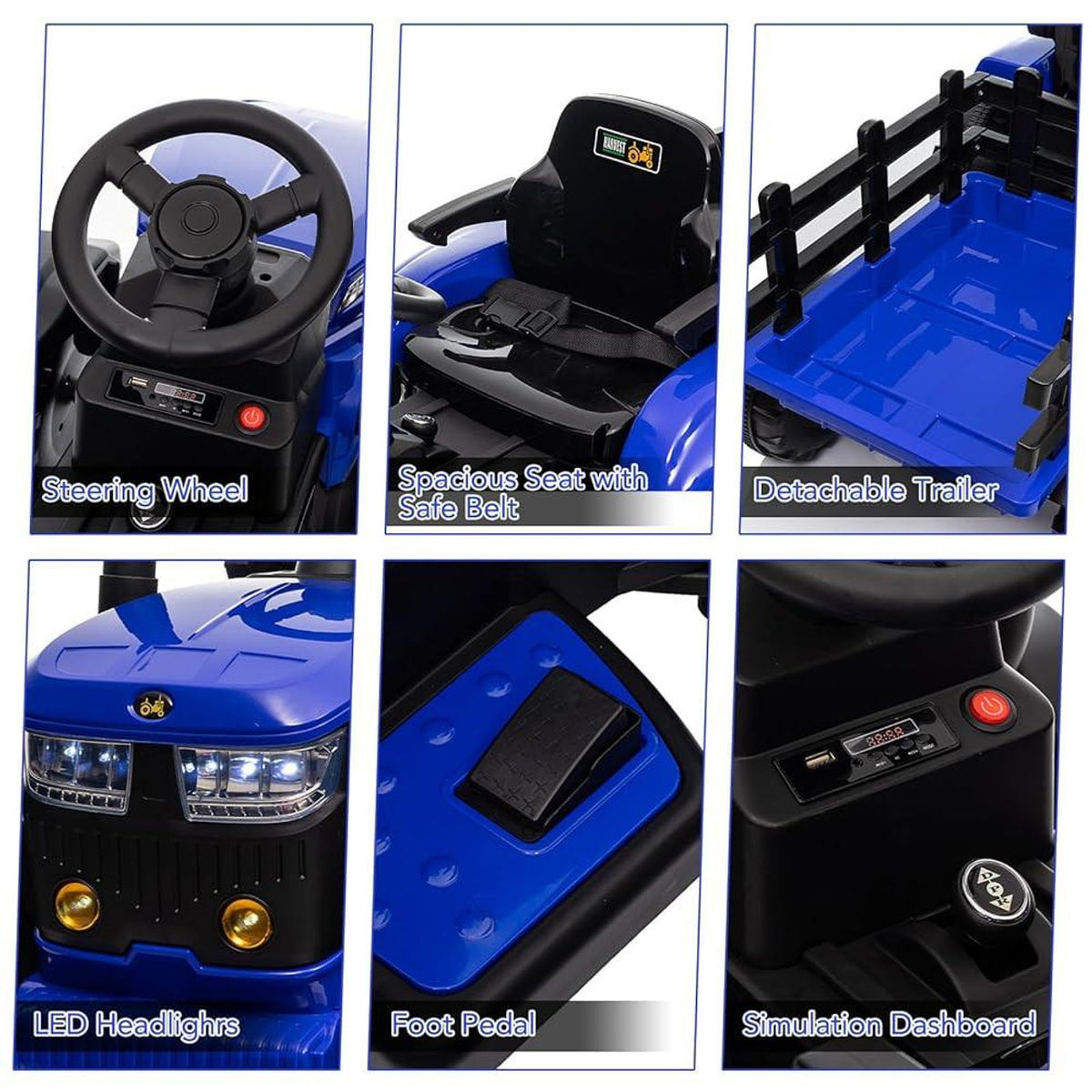 grid showing the different features of blue electric ride-on tractor 