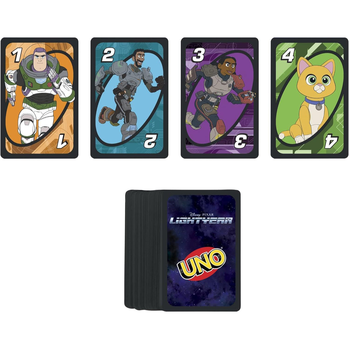 buzz lightyear uno cards laid out 