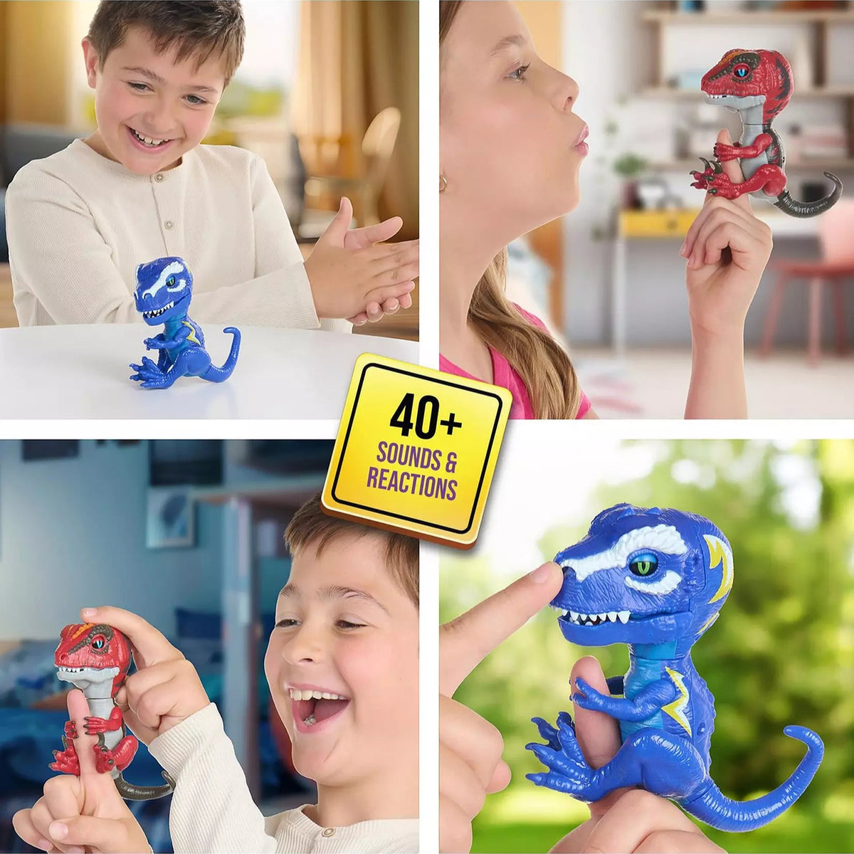 different scenes of kids playing with dinosaurs 