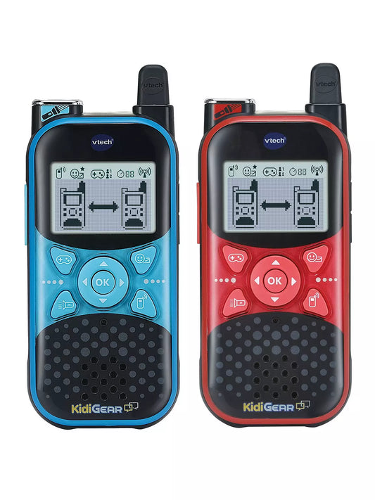 one red and one blue walkie talkie on white background 