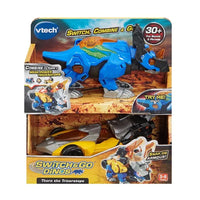 blue dinosaur with yellow car attachment in packaging 