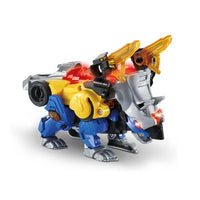 yellow and blue robot dinosaur on white background 