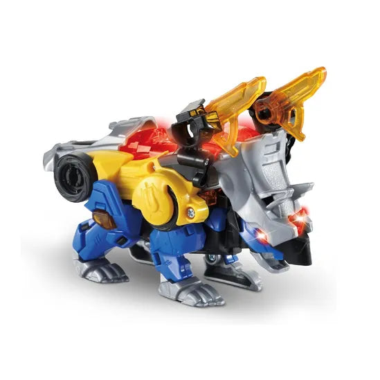yellow and blue robot dinosaur on white background 