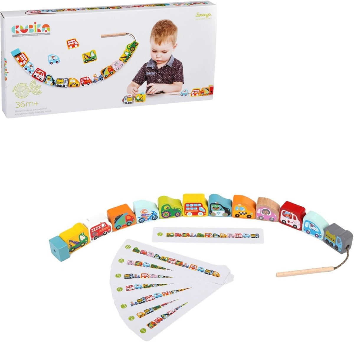 contents of wooden lacing toy on white background 