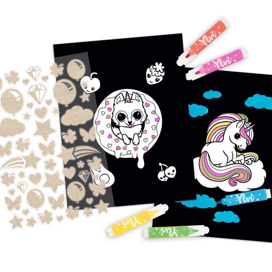 stickers and markers of neon colouring book 