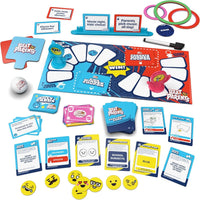 another angle of the contents of the beat the parents board game with no box this time, with a white background.