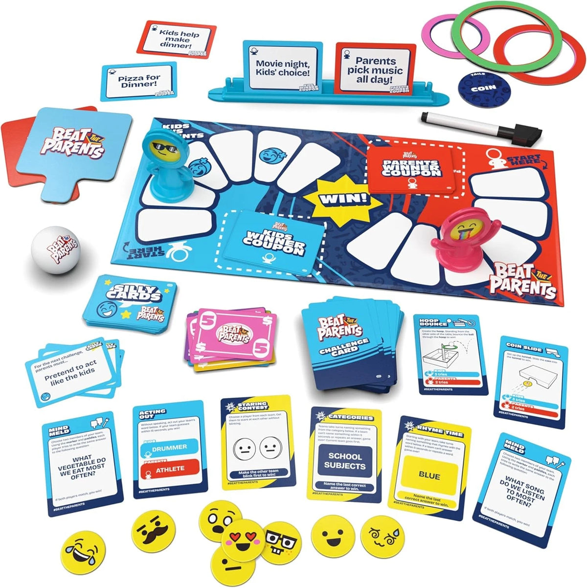 another angle of the contents of the beat the parents board game with no box this time, with a white background.