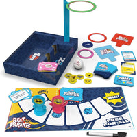another angle of the contents of the beat the parents board game with no box this time, with a white background.